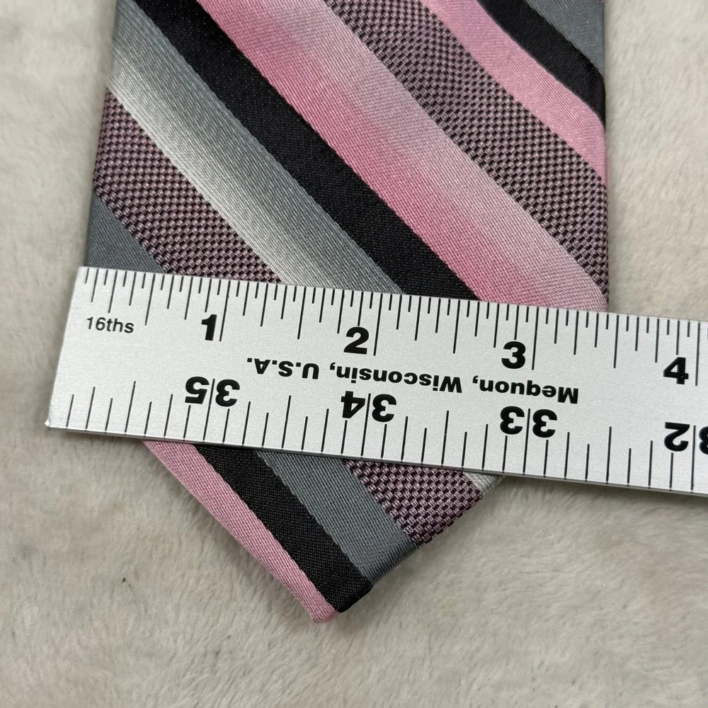 Stafford Essentials Mens Pink Gray Black Striped Polyester Hand Made Necktie